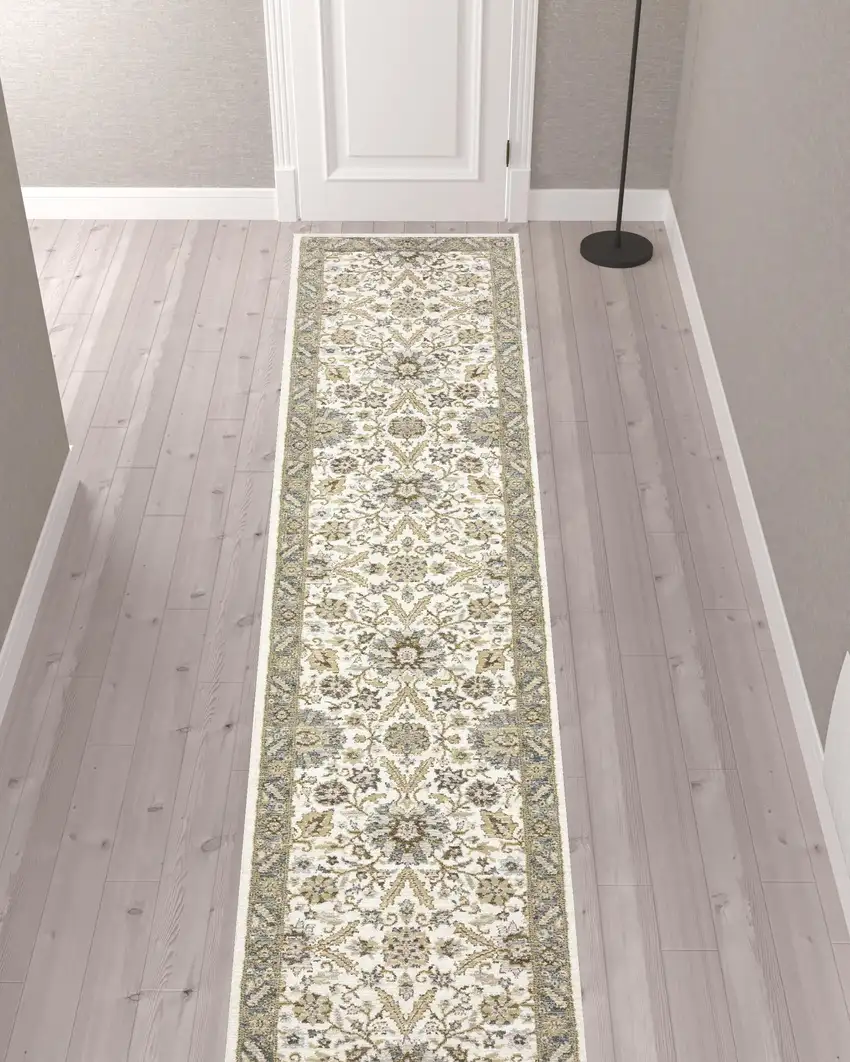 Gray And Ivory Oriental Power Loom Runner Rug Photo 2