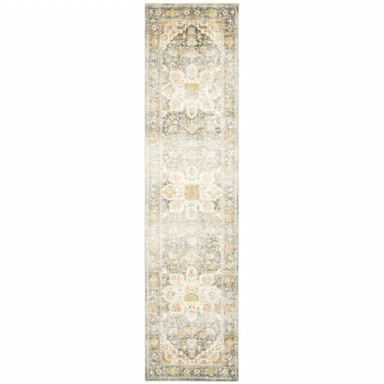 Gray And Ivory Oriental Power Loom Stain Resistant Runner Rug Photo 1