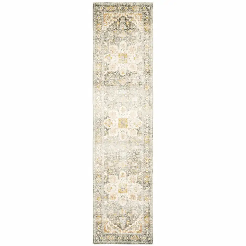 Gray And Ivory Oriental Power Loom Stain Resistant Runner Rug Photo 1
