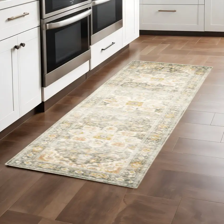 2' X 8' Gray And Ivory Oriental Power Loom Stain Resistant Runner Rug Photo 1