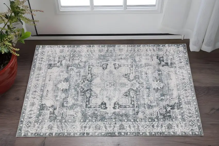 Gray And Ivory Oriental Printed Non Skid Area Rug Photo 1