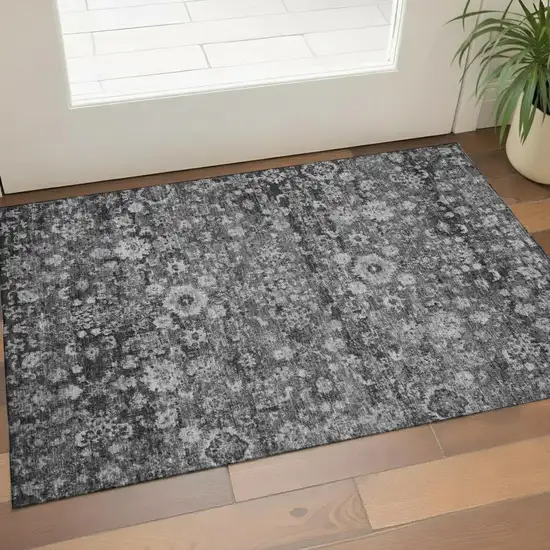 Gray And Ivory Oriental Washable Area Rug With UV Protection Photo 1