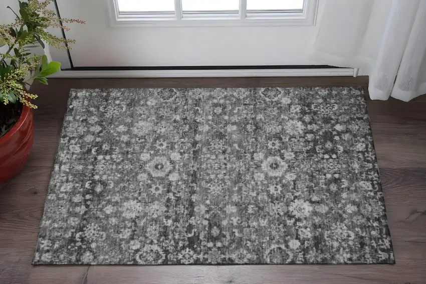 Gray And Ivory Oriental Washable Area Rug With UV Protection Photo 2
