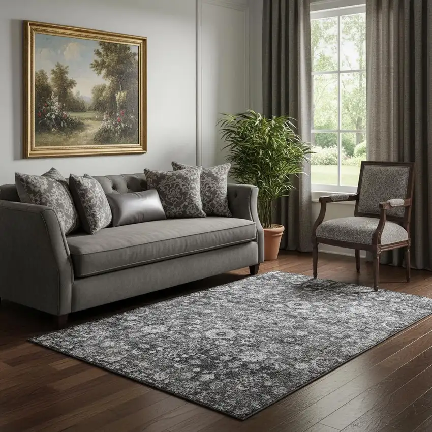 Gray And Ivory Oriental Washable Area Rug With UV Protection Photo 1