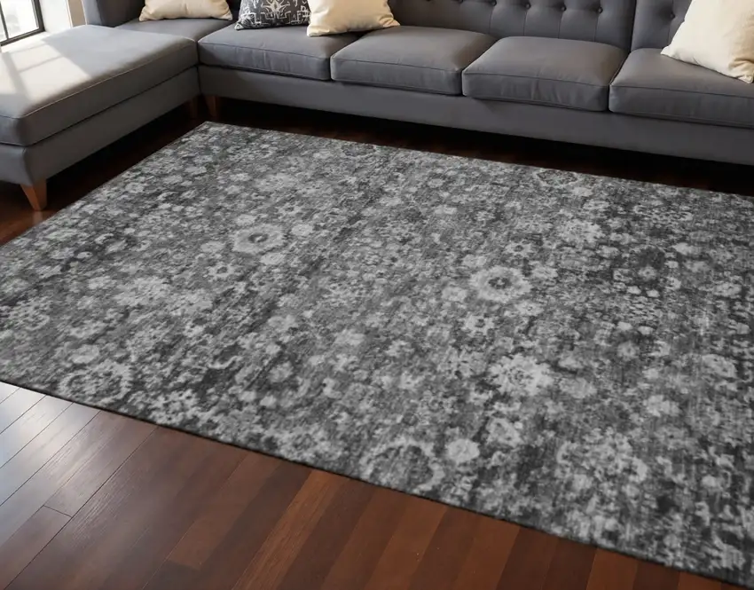 Gray And Ivory Oriental Washable Area Rug With UV Protection Photo 2