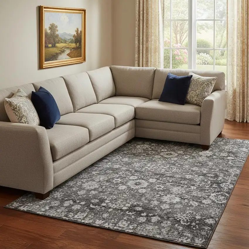 Gray And Ivory Oriental Washable Area Rug With UV Protection Photo 1