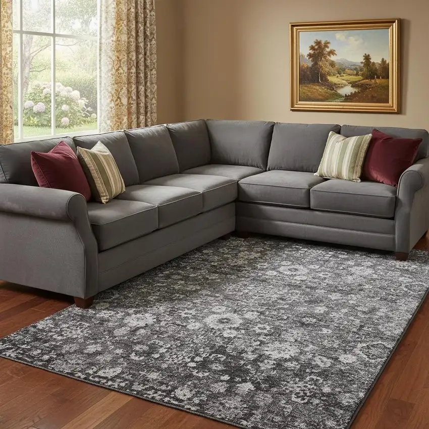 Gray And Ivory Oriental Washable Area Rug With UV Protection Photo 1