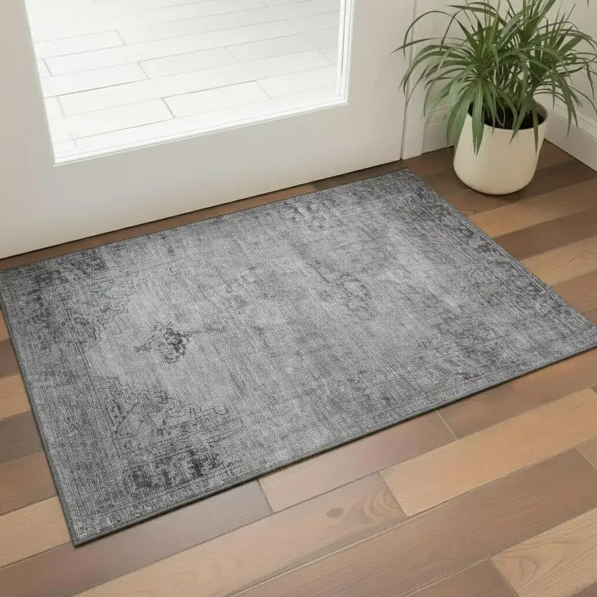 Gray And Ivory Oriental Washable Area Rug With UV Protection Photo 1