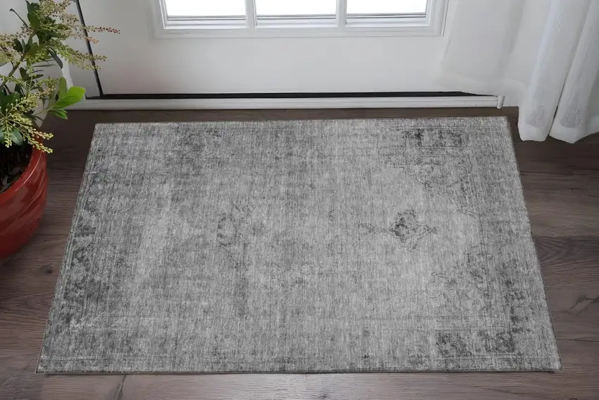 Gray And Ivory Oriental Washable Area Rug With UV Protection Photo 2