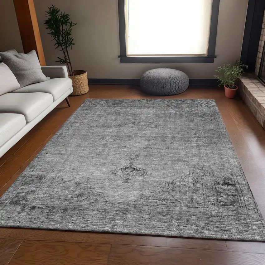 Gray And Ivory Oriental Washable Area Rug With UV Protection Photo 4