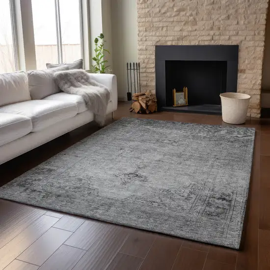 Gray And Ivory Oriental Washable Area Rug With UV Protection Photo 4