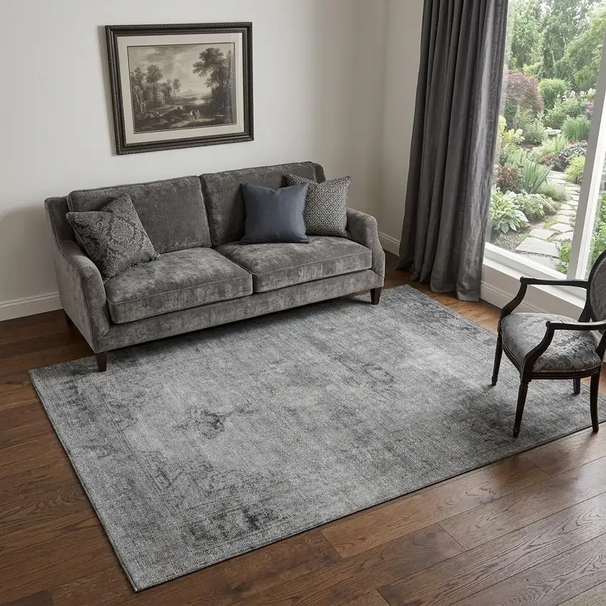 Gray And Ivory Oriental Washable Area Rug With UV Protection Photo 1