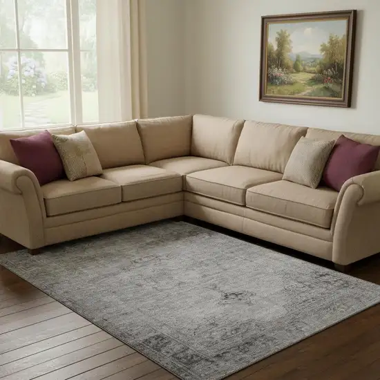 Gray And Ivory Oriental Washable Area Rug With UV Protection Photo 1