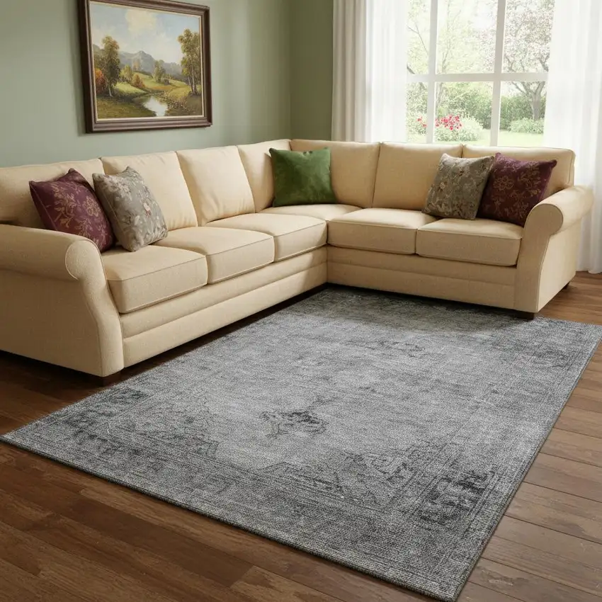 Gray And Ivory Oriental Washable Area Rug With UV Protection Photo 1