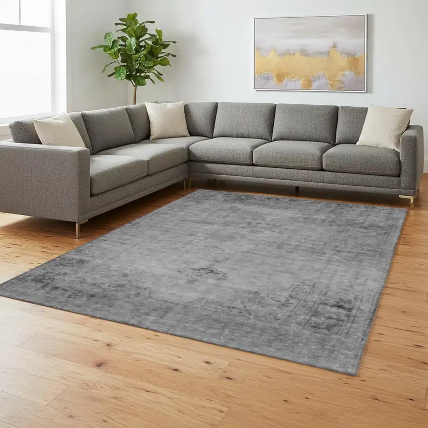Gray And Ivory Oriental Washable Area Rug With UV Protection Photo 1