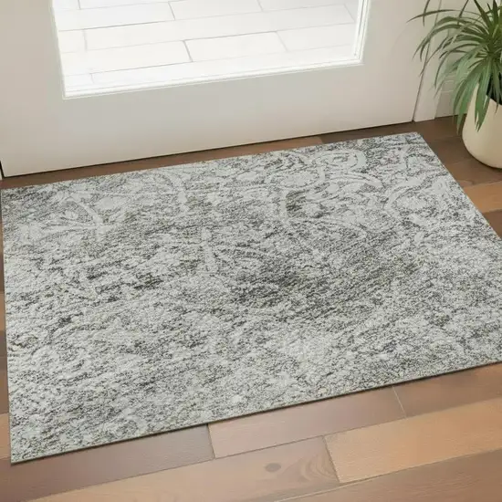 Gray And Ivory Oriental Washable Area Rug With UV Protection Photo 2