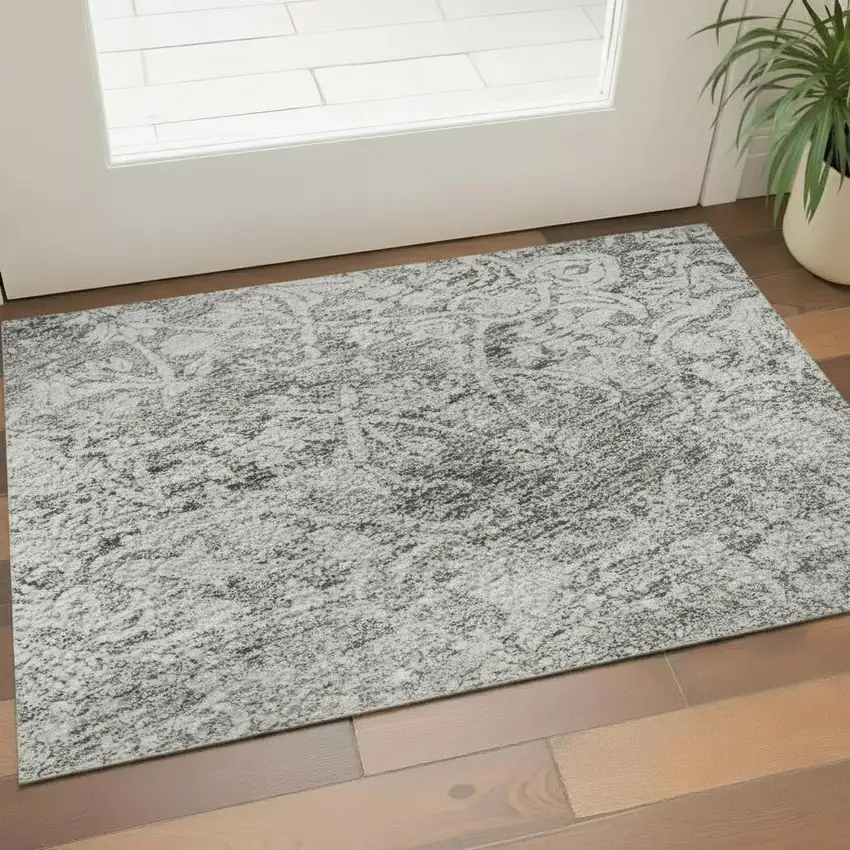 Gray And Ivory Oriental Washable Area Rug With UV Protection Photo 2