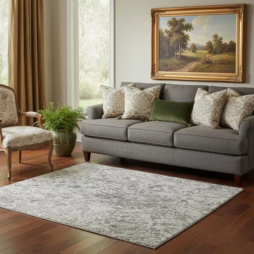 Gray And Ivory Oriental Washable Area Rug With UV Protection Photo 2