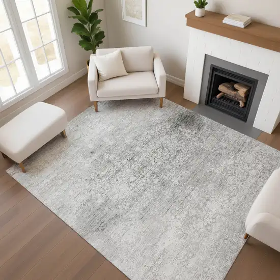 Gray And Ivory Oriental Washable Area Rug With UV Protection Photo 4