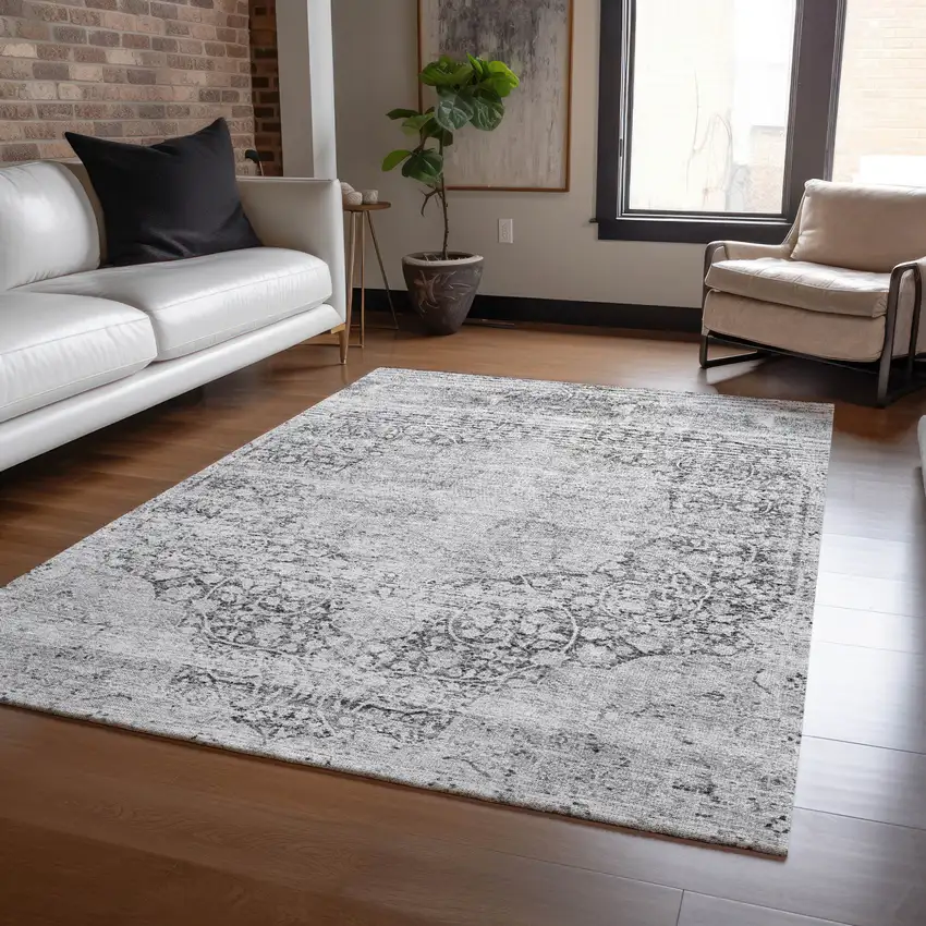 Gray And Ivory Oriental Washable Indoor Outdoor Area Rug Photo 8