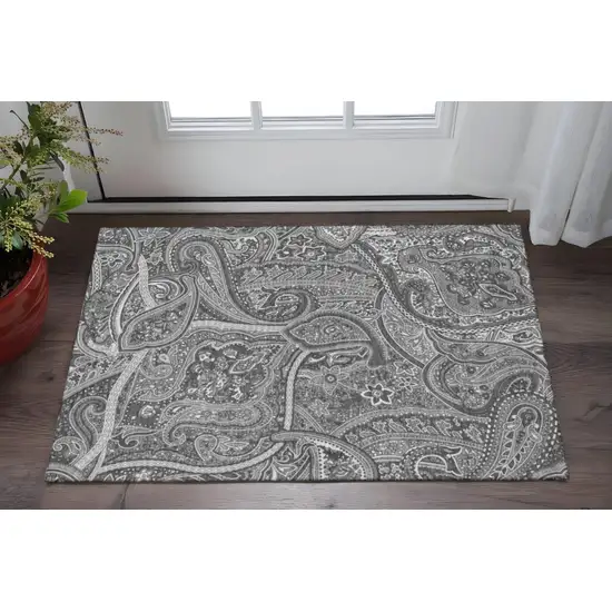 Gray And Ivory Paisley Washable Area Rug With UV Protection Photo 2