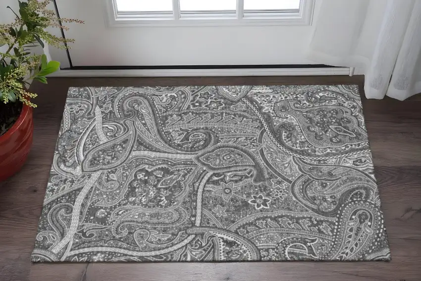 Gray And Ivory Paisley Washable Area Rug With UV Protection Photo 2
