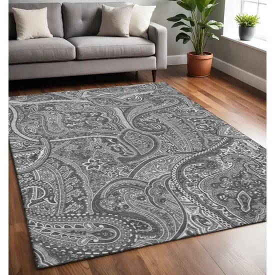 Gray And Ivory Paisley Washable Area Rug With UV Protection Photo 2