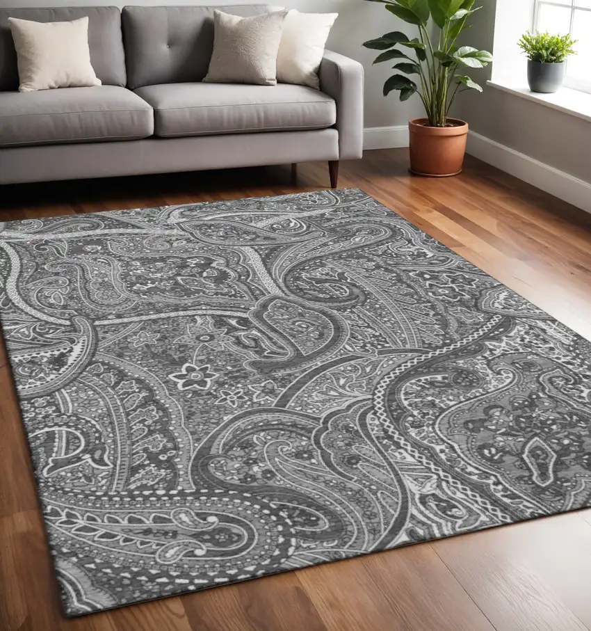 Gray And Ivory Paisley Washable Area Rug With UV Protection Photo 2