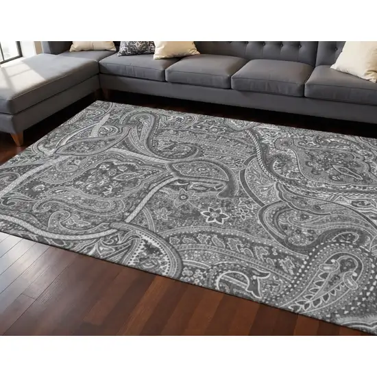 Gray And Ivory Paisley Washable Area Rug With UV Protection Photo 2