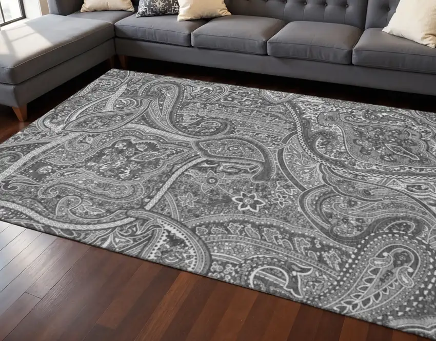 Gray And Ivory Paisley Washable Area Rug With UV Protection Photo 2
