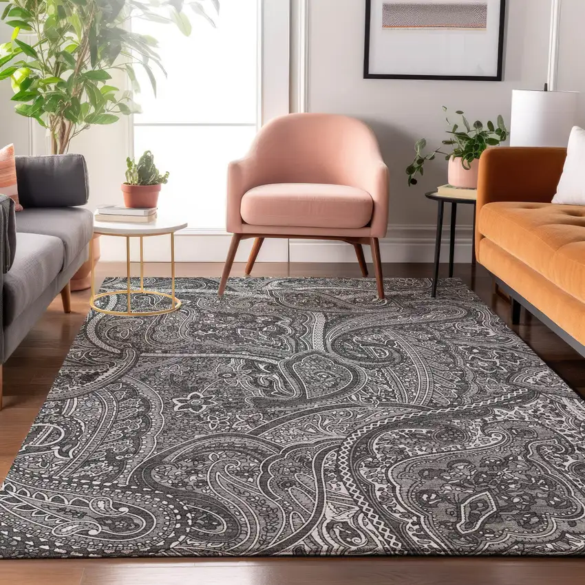 Gray And Ivory Paisley Washable Area Rug With UV Protection Photo 6