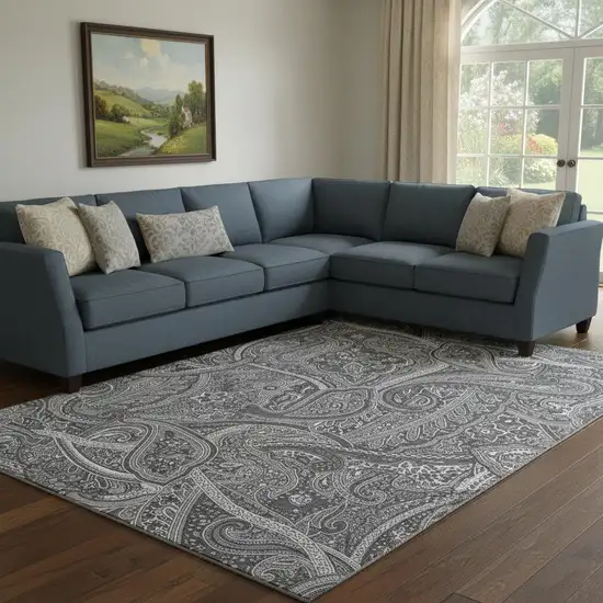 Gray And Ivory Paisley Washable Area Rug With UV Protection Photo 1