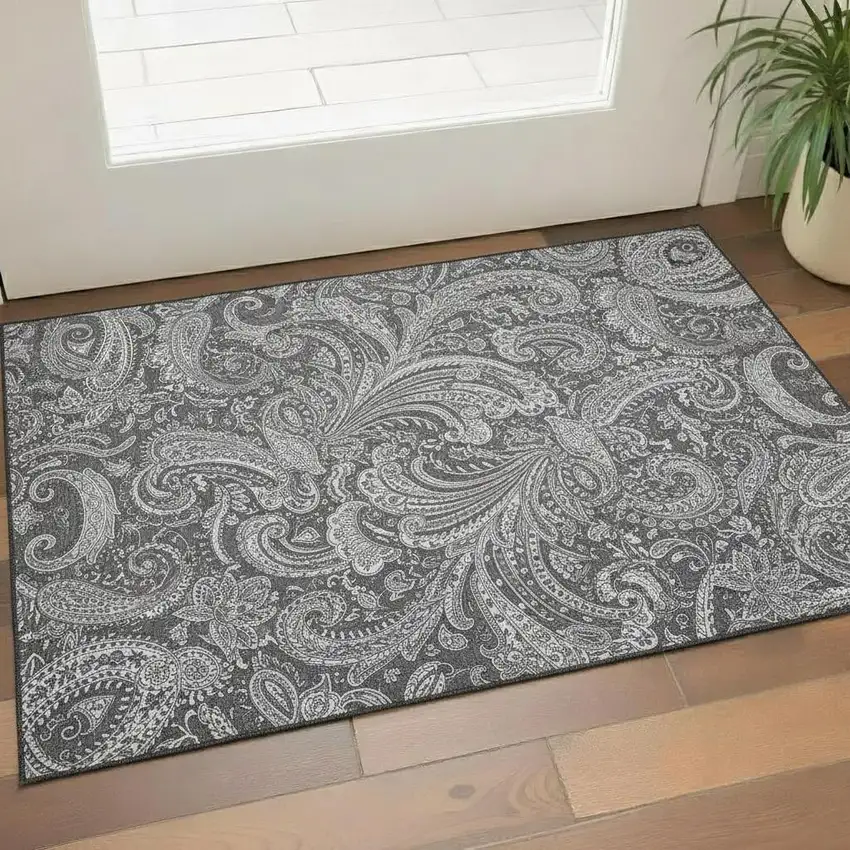 Gray And Ivory Paisley Washable Area Rug With UV Protection Photo 1
