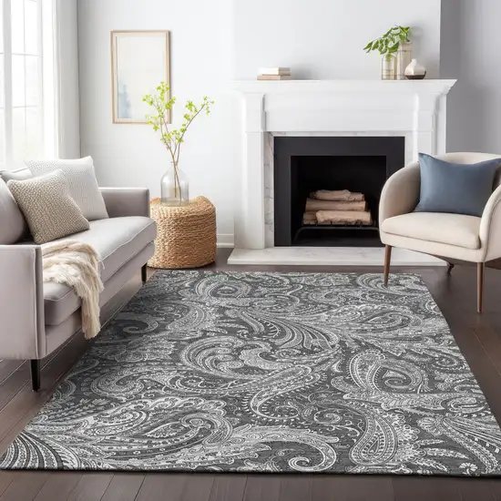 Gray And Ivory Paisley Washable Area Rug With UV Protection Photo 4