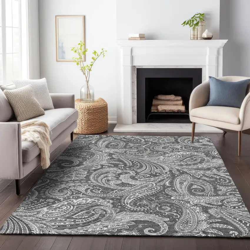 Gray And Ivory Paisley Washable Area Rug With UV Protection Photo 4