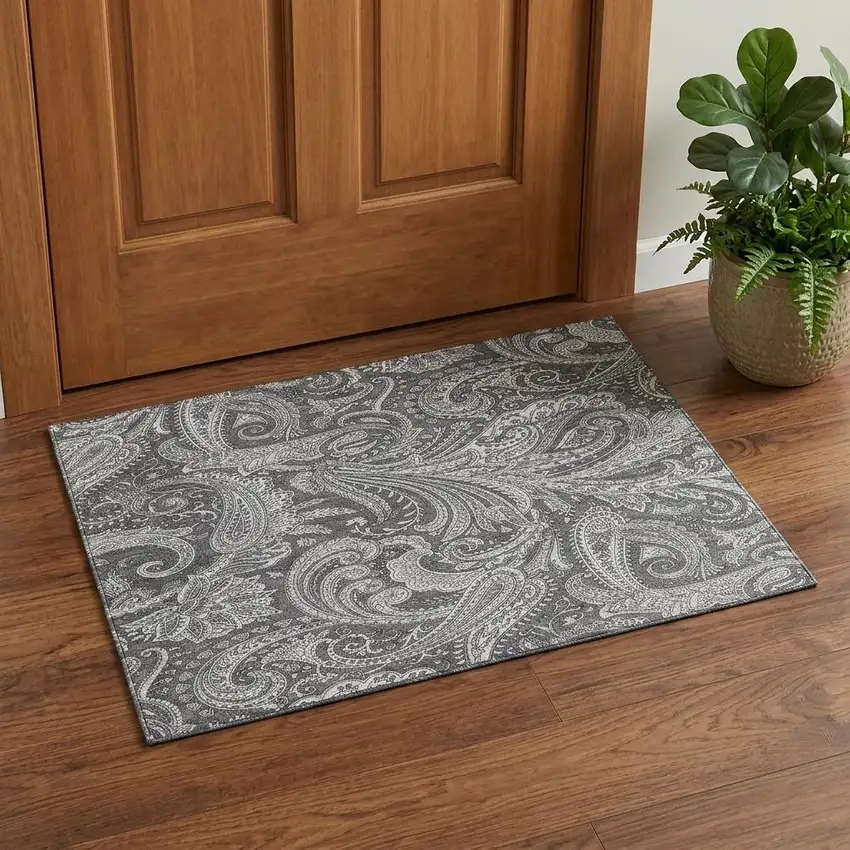 Gray And Ivory Paisley Washable Area Rug With UV Protection Photo 1