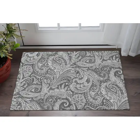 Gray And Ivory Paisley Washable Area Rug With UV Protection Photo 2