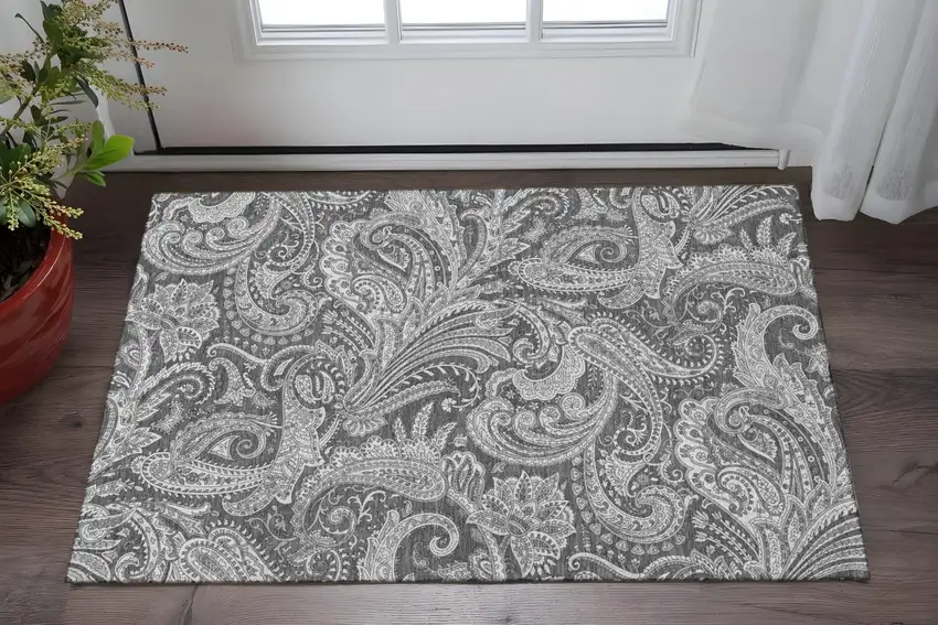 Gray And Ivory Paisley Washable Area Rug With UV Protection Photo 2