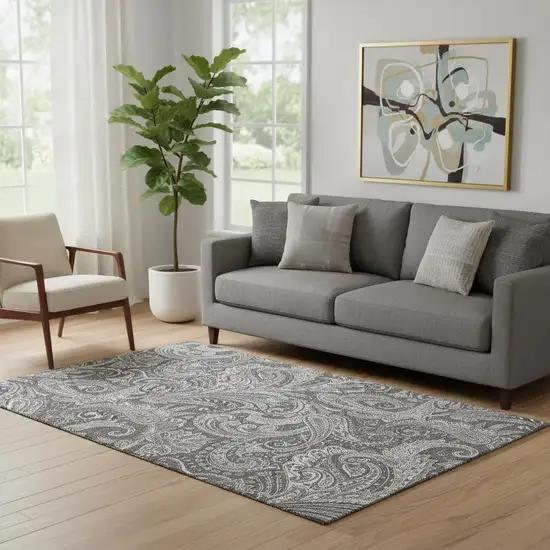 Gray And Ivory Paisley Washable Area Rug With UV Protection Photo 1