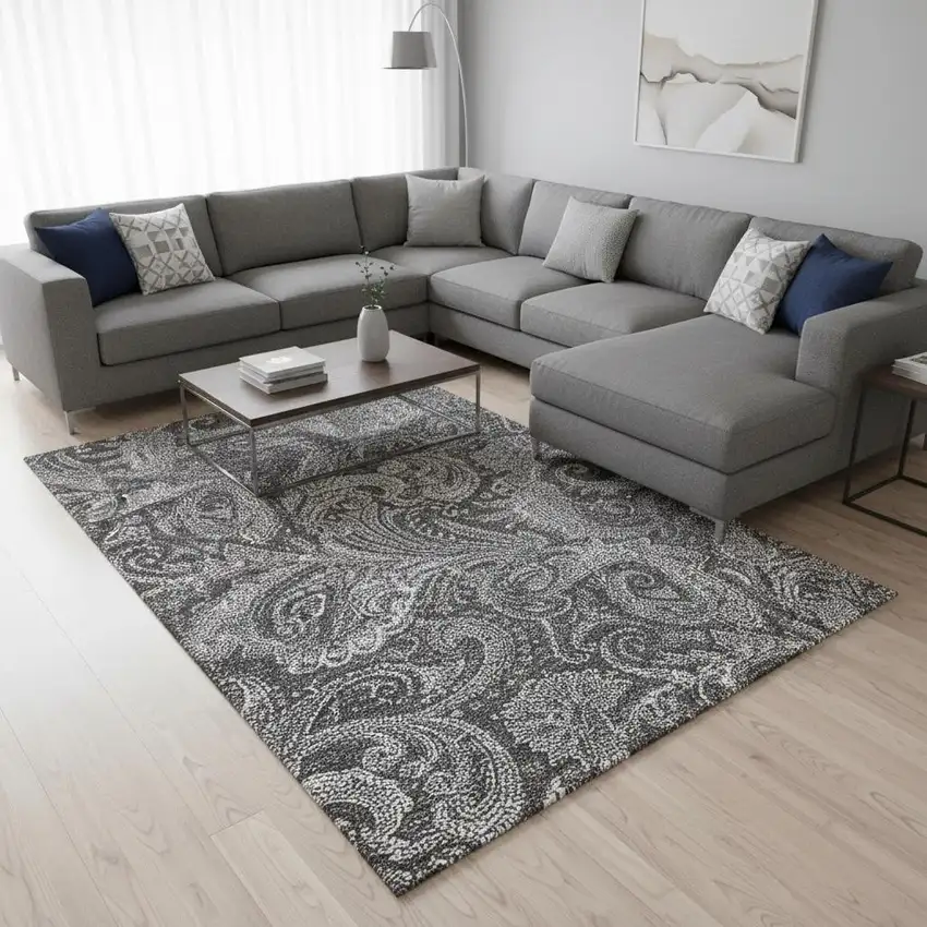 Gray And Ivory Paisley Washable Area Rug With UV Protection Photo 3