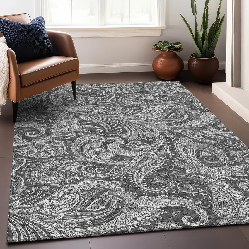 Gray And Ivory Paisley Washable Area Rug With UV Protection Photo 7