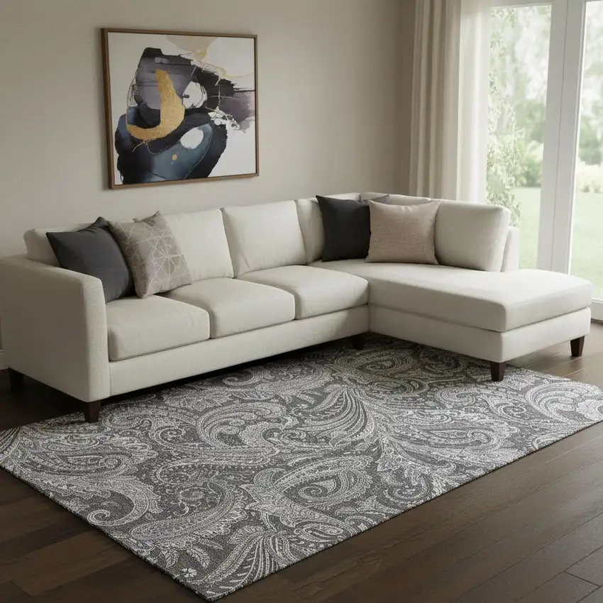 Gray And Ivory Paisley Washable Area Rug With UV Protection Photo 1