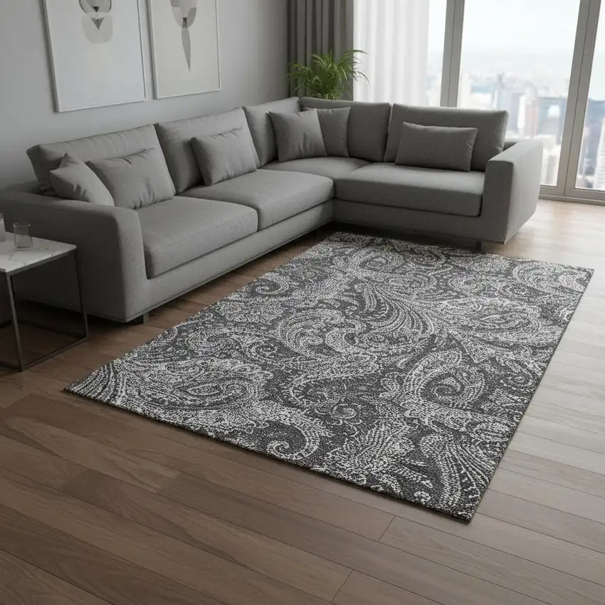 Gray And Ivory Paisley Washable Area Rug With UV Protection Photo 1