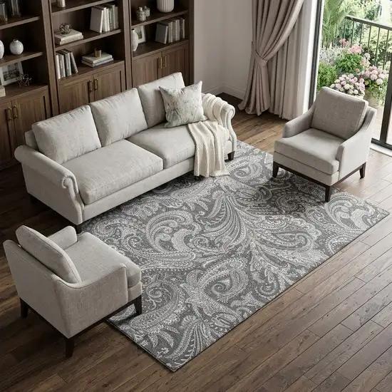 Gray And Ivory Paisley Washable Area Rug With UV Protection Photo 1