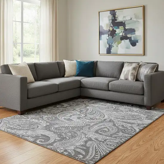 Gray And Ivory Paisley Washable Area Rug With UV Protection Photo 1