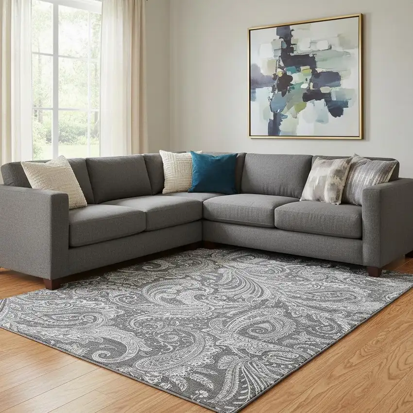 Gray And Ivory Paisley Washable Area Rug With UV Protection Photo 1