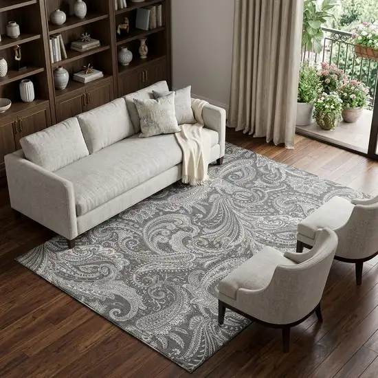 Gray And Ivory Paisley Washable Area Rug With UV Protection Photo 1