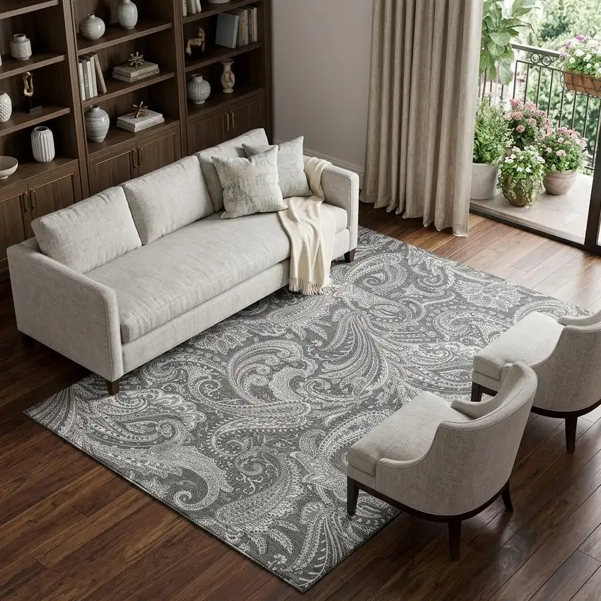 Gray And Ivory Paisley Washable Area Rug With UV Protection Photo 1