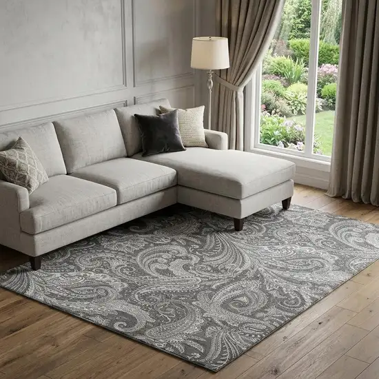 Gray And Ivory Paisley Washable Area Rug With UV Protection Photo 1
