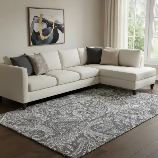 Gray And Ivory Paisley Washable Area Rug With UV Protection Photo 1